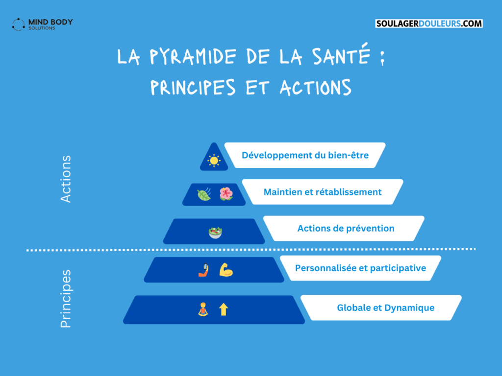 2 niveaux de socles :
- Globale et Dynamique
- Personnalisée et Participative
3 niveaux supérieurs d'actions :
- Prévention
- Maintien et Rétablissement
- Bien-être