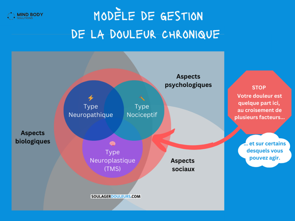 La douleur peut avoir 3 origines uniques ou cumulées : nociceptive, neuropathie, neuroplastique.
Cette douleur est influencée par les autres sources de douleurs et les facteurs uniques biologiques, psychologiques et sociaux.