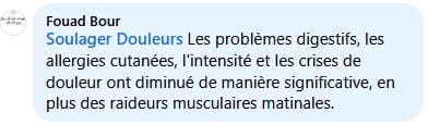 Soulager Douleurs Les problèmes digestifs, les allergies cutanées, l'intensité et les crises de douleur ont diminué de manière significative, en plus des raideurs musculaires matinales.